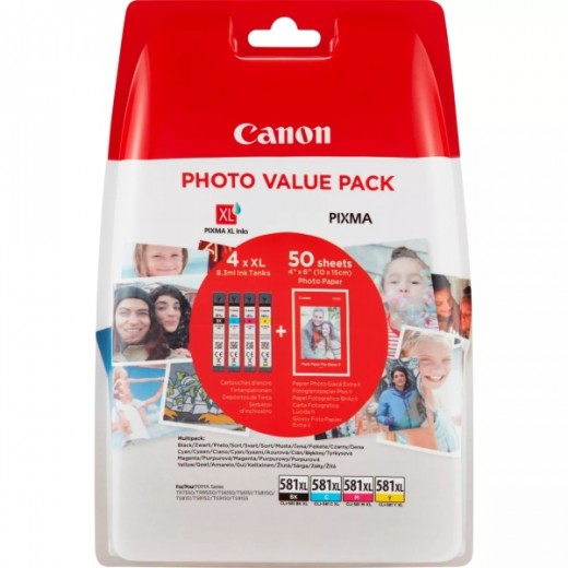 Canon CLI581XL Pack de 4 Cartuchos de Tinta Originales - 50 Hojas de Papel Fotografico - 2052C004/2052C006