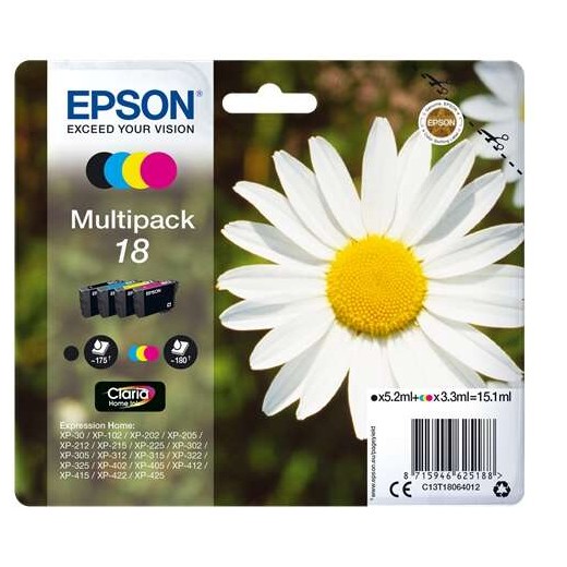 Epson T1806 (18) Pack de 4 Cartuchos de Tinta Originales - C13T18064012