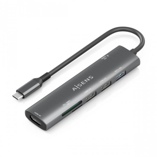 Aisens USB-C Dock 7 en 1 - USB-C a 1xHDMI - 2xUSB-A 2.0 - 1xUSB-A 3.0 - 1xUSB-C 100W - 1xSD - 1xMicroSD - 15cm - Color Gris