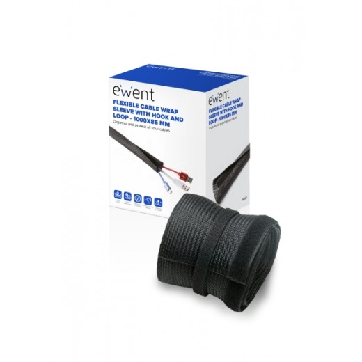 Ewent Manguito Organizador de Cable Polyester - Cierre de Velcro - 1m - 85mm - Color Negro