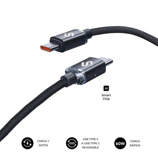 Subblim Cable Optimus USB-C - 60W - Nylon Trenzado - 480Mbps - 2 Metros - Color Negro
