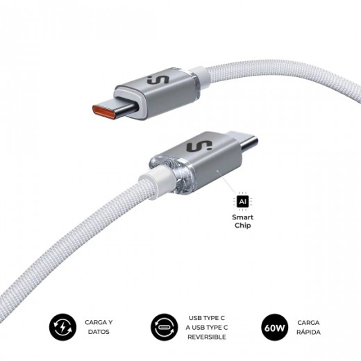 Subblim Cable Optimus USB-C - 60W - Nylon Trenzado - 480Mbps - 2 Metros - Color Blanco