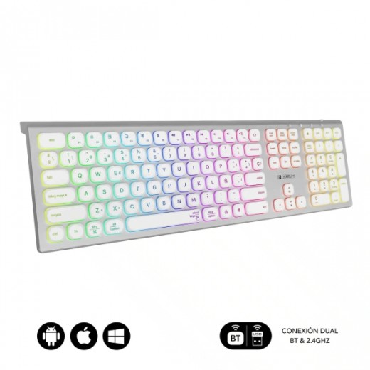 Subblim Teclado Inalambrico Master - Bluetooth y 2.4G - Iluminado - Teclas Ergonomicas de Bajo Perfil - Color Blanco Plata