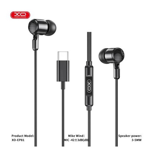 XO EP81 Auriculares Intrauditivos con Microfono - Conexion USB-C - Cable de 1.20m - Color Negro