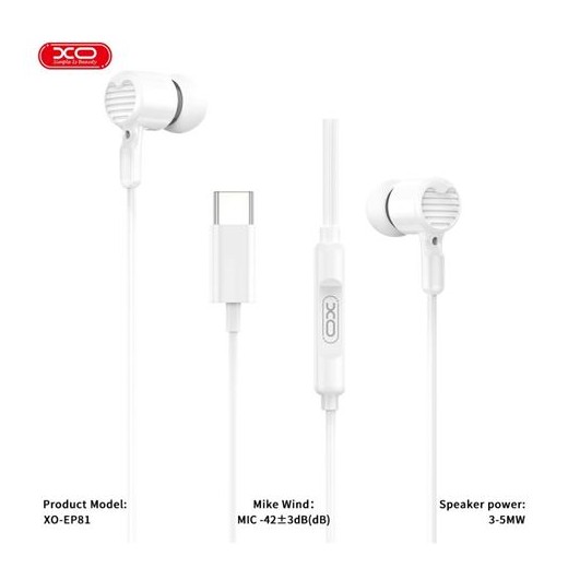 XO EP81 Auriculares Intrauditivos con Microfono - Conexion USB-C - Cable de 1.20m - Color Blanco