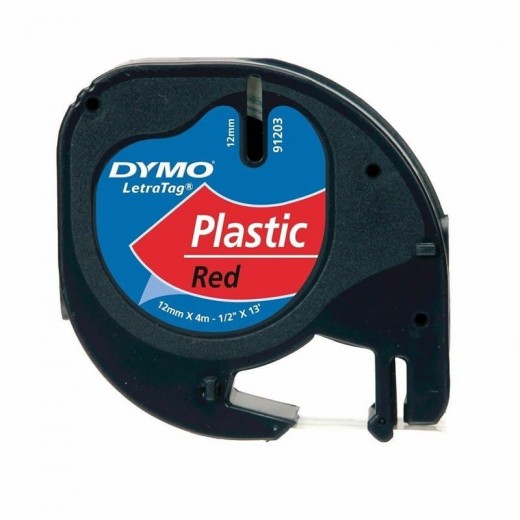 Cinta rotuladora adhesiva de plástico dymo 91203/ para letratag/ 12mm x 4m/ negra-roja