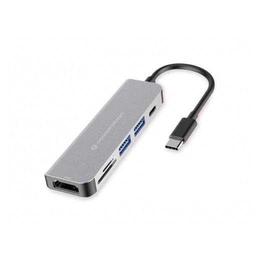 Conceptronic Hub Extensor USB-C 6 en 1 - HDMI / USB-C PD/ USB 3.0 -Lector de Tarjetas SD / Micro SD / TF - 5Gbps - Negro