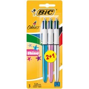 Bic 4 Colours Shine 2+1 Pack de 3 Boligrafos de Bola Retractil - Punta Media de 1.0mm - Tinta con Base de Aceite - Cuerpo de Co