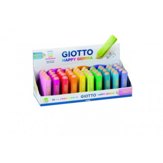 Giotto Happy Gomma Expositor de 40 Gomas de Borrar - Forma de Lapiz - Para Borrar Grafito - 10 Colores Fluo