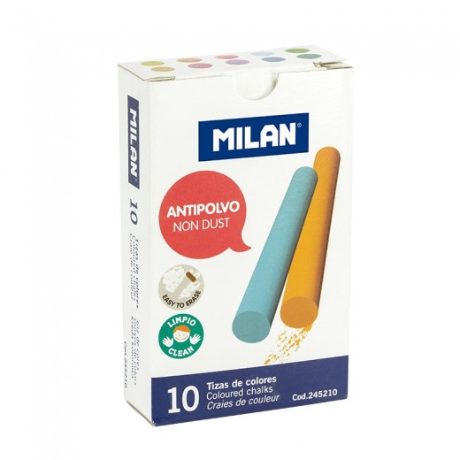 Milan Pack de 10 Tizas de Colores - Redondas - Antipolvo - No Contienen Caseina ni Yeso - Colores Surtidos