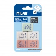 Milan 445 Pack de 5 Gomas de Borrar Rectangulares - Miga de Pan - Suave Caucho Sintetico - Dibujos Infantiles - Colores Surtido