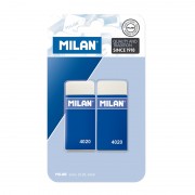 Milan 4020 Pack de 2 Gomas de Borrar Rectangulares - Miga de Pan - Suave Caucho Sintetico - Faja de Carton Azul - Color Blanco