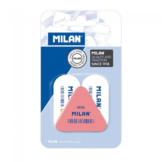 Milan Pack de 2 Gomas de Borrar 1018 Ovaladas Blancas + 1 Goma de Borrar 4836 Triangular Rosa - Miga de Pan - Caucho Suave Sint