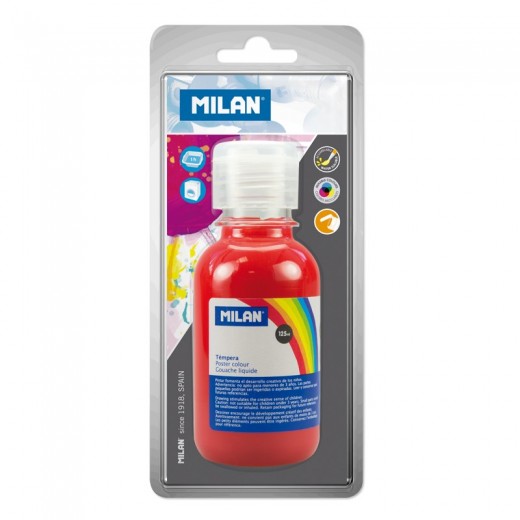 Milan Botella de Tempera 125 ml - Secado Rapido - Tapon Dosificador - Mezclable - Color Rojo Bermellon