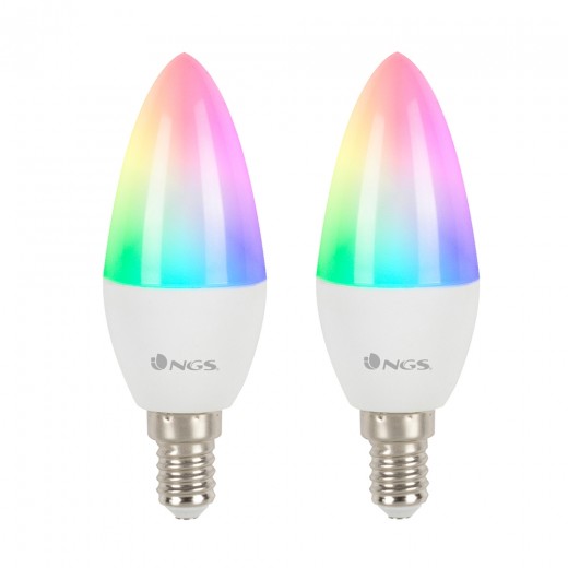NGS Gleam 514c Duo Pack de 2 Bombillas LED E14 5W Inteligentes - WiFi - 500lm - Iluminacion RGB Regulable - Compatible con Asis