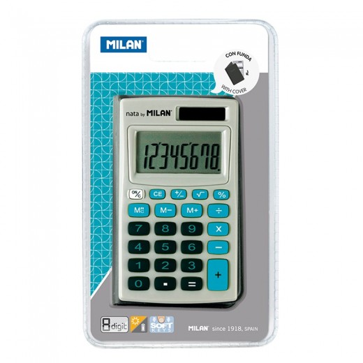 Milan Calculadora de Bolsillo 8 Digitos - 3 Teclas de Memoria y Raiz Cuadrada - Apagado Automatico - Incluye Funda - Color Gris