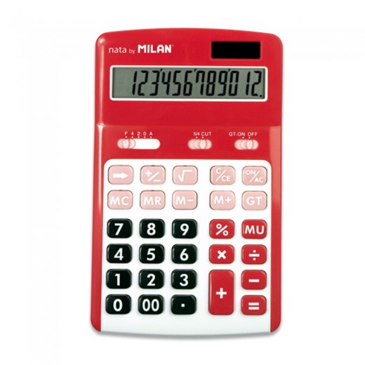 Milan Calculadoras de 12 Digitos - 3 Teclas de Memoria - Calculo de Margenes - Raiz Cuadrada - Apagado Automatico - Color Rojo