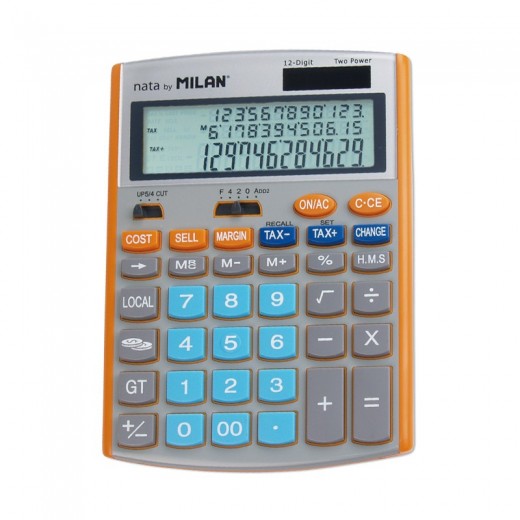 Milan Calculadora de 12 Digitos - Pantalla de 3 Lineas - 3 Teclas de Memoria - Calculo de Margenes - Funcion Impuestos