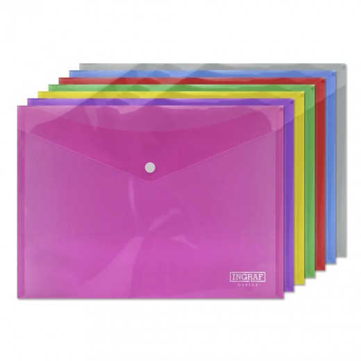 Ingraf Pack de 10 Sobres con Cierre de Broche - Polipropileno - Tamaño A4 - Colores Surtidos