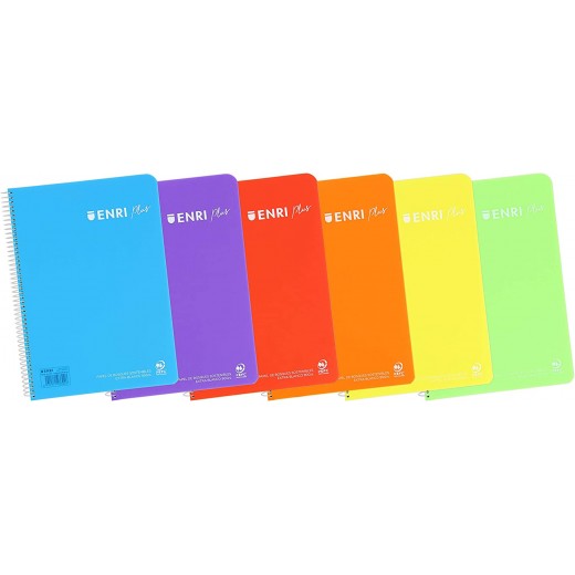 Enri Plus Pack de 5 Cuadernos Espiral Formato Folio 1 Linea - 80 Hojas 90gr con Margen - Cubierta de Plastico - Colores Surtido