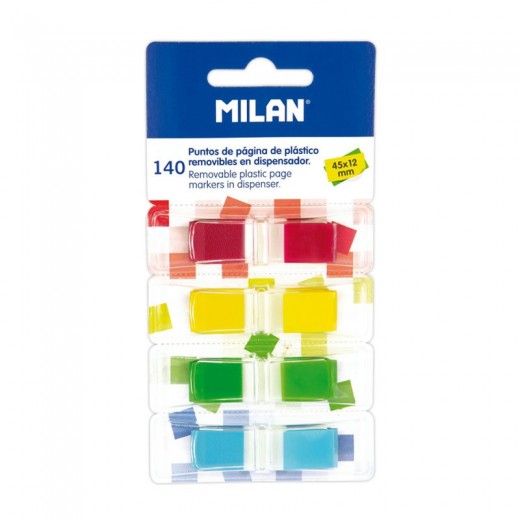 Milan Bloc de 140 Puntos de Pagina de Colores Transparentes - Plastico - Removibles - Medidas 45mm x 12mm - Colores Surtidos
