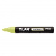Milan Fluoglass Rotulador Superficies Lisas - Punta Biselada - Trazo de 2 - 4mm - Tinta al Agua - Borrado Facil - Color Amarill