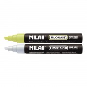 Milan Fluoglass Pack de 2 Rotuladores para Superficies Lisas - Punta Biselada - Trazo de 2 a 4mm - Tinta al Agua - Borrado Faci