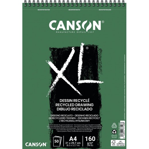 Canson XL Recycled Bloc de Dibujo con 50 Hojas A4 - Espiral Microperforado - Grano Fino - 160g - Color Blanco