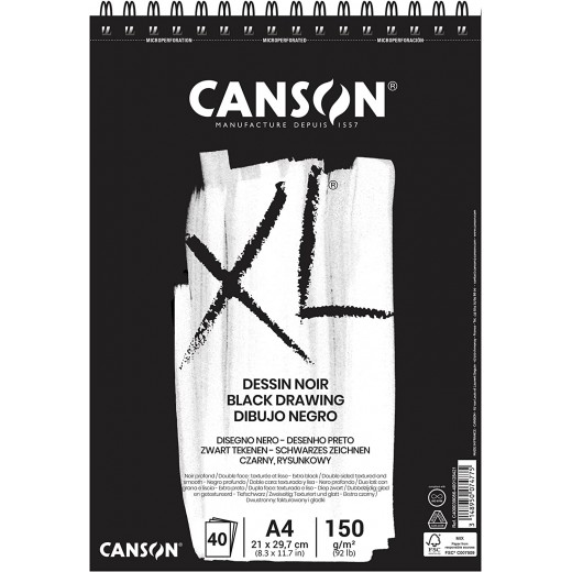 Canson XL Black Bloc de 40 Hojas A4 - Grano Fino - Espiral Microperforado - 21x29.7cm - 150g - Color Negro