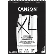 Canson XL Black Bloc de 40 Hojas A3 - Grano Fino - Espiral Microperforado - 29.7x42cm - 150g - Color Negro