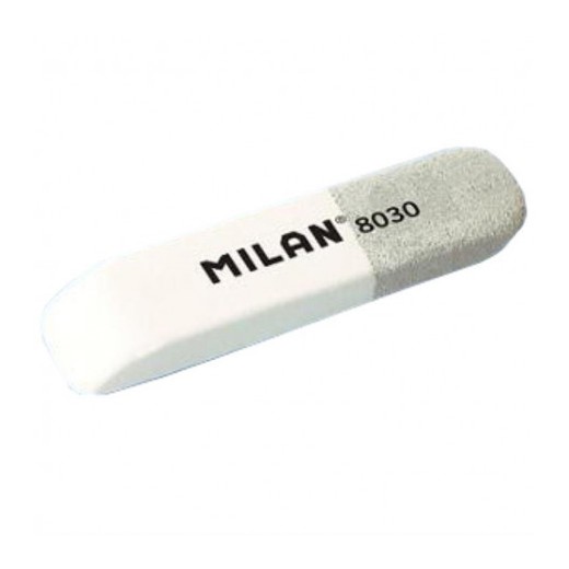 Milan 8030 Goma de Borrar Biselada - Doble Uso - Flexible - Miga de Pan - Caucho - Color Blanco/Gris