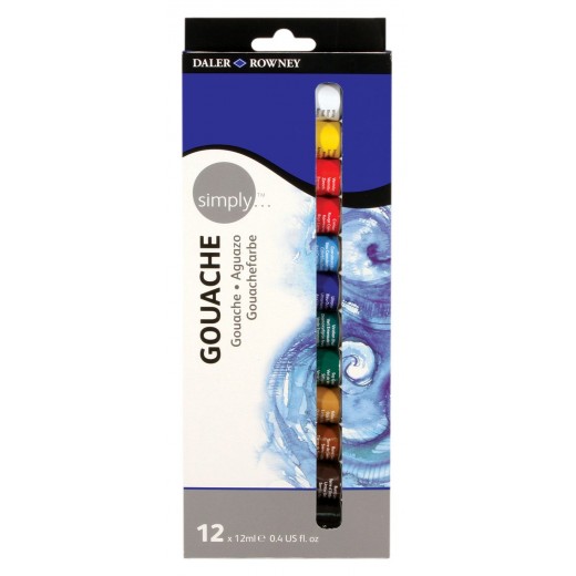 Daler Rowney Simply Pack de 12 Pinturas Acrilicas Gouache - Secado Rapido - Base de Agua - Optima Cobertura - 12ml - Colores Su