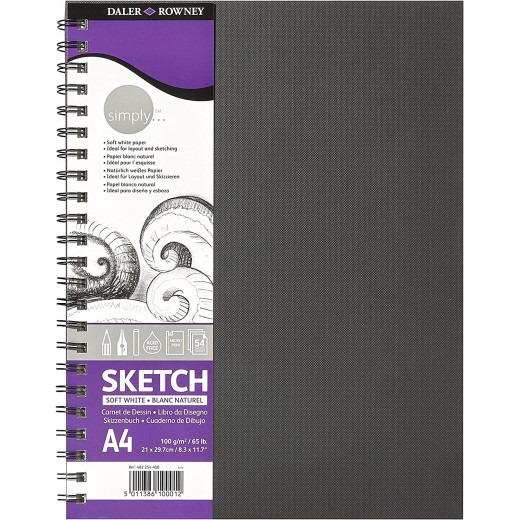 Daler Rowney Simply Cuaderno de Dibujo A4 - Cubierta Rigida con Encuadernacion en Espiral - 100g/m2 - Color Blanco