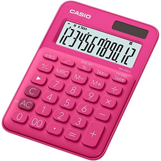Casio MS7UC Calculadora de Escritorio - Tecla Doble Cero - Pantalla LCD de 10 Digitos - Solar y Pilas - Color Rojo