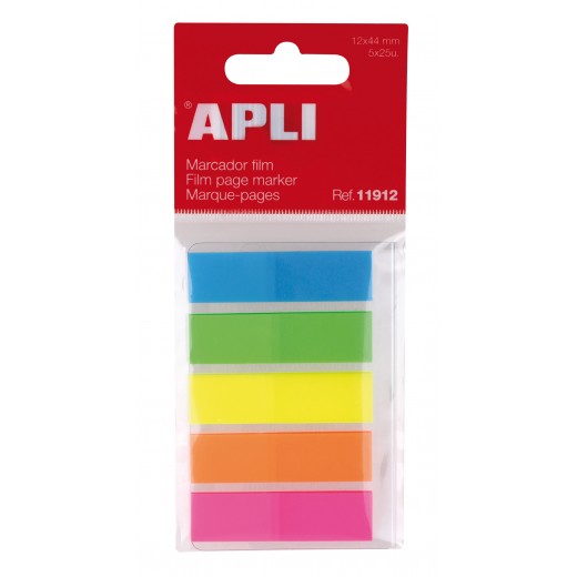 Apli Indices Adhesivos Film 45x12mm 5 Colores Fluorescentes - 25 Indices por Color - Facil de Pegar y Despegar - Ideal para Mar