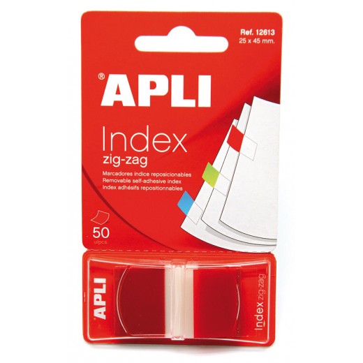 Apli Indices Adhesivos Film Zigzag 45x25mm Dispensador de 50 - Faciles de Aplicar - Diseño Zigzag - Rojos