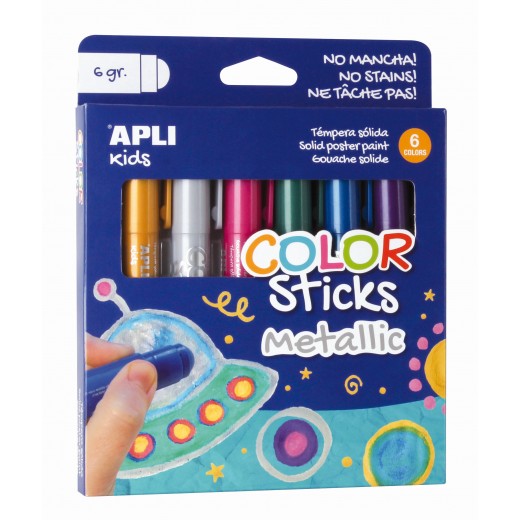 Apli Color Sticks Temperas Solidas - Pack de 6 Unidades de 6g en Colores Metalizados - Acabado Satinado sin Necesidad de Barniz