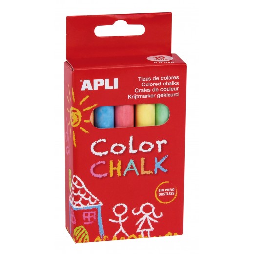 Apli Tizas Redondas de Colores Surtidos - Pack de 10 Tizas de Ø 9 x 80mm - sin Polvo - Ideales para Escribir