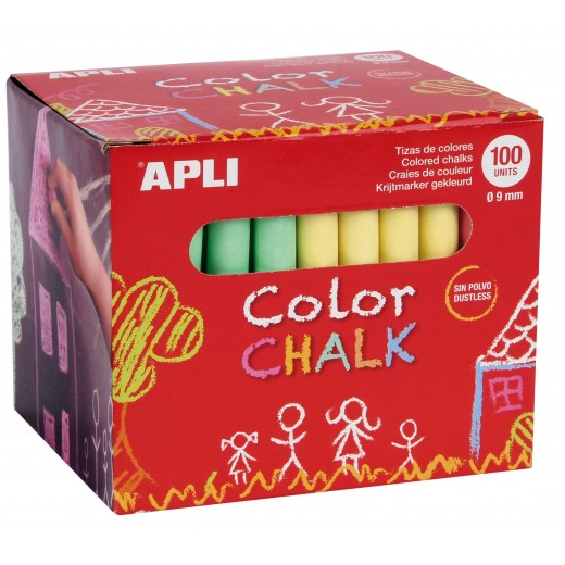 Apli Tizas Redondas de Colores Surtidos - Pack de 100 Tizas Ø 9 x 80mm - sin Polvo - Ideales para Escribir