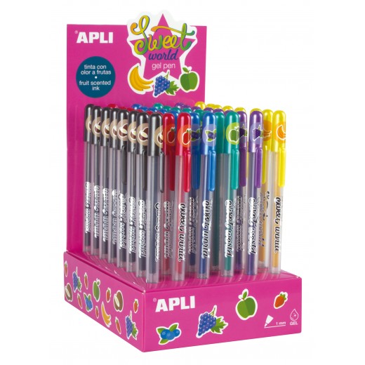 Apli Sweet World Gel Pen Expositor - 48 Boligrafos de Tinta Gel con Aroma a Frutas - 8 Colores Surtidos - 1mm de Grosor de Escr