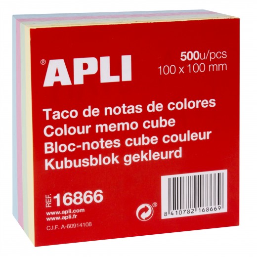 Apli Taco de Notas 100x100mm 500 Hojas - Colores Pastel - Adhesivo de Calidad - Facil de Despegar - Ideal para Notas y Recordat