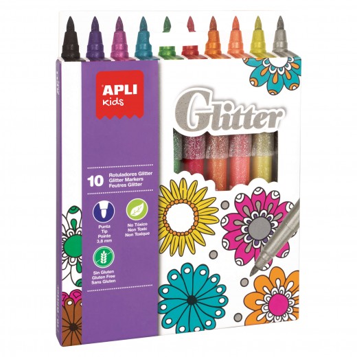 Apli Kids Rotuladores Glitter - Ø 12x137 mm - Cuerpo Cilindrico y Punta Redonda Bloqueada de Ø 3.8 mm - Colores Surtidos - La