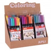Apli Coloring Brush Markers - Expositor con 8 Packs Surtidos - Doble Punta de Nylon Tipo Pincel de 1-4 mm y Punta Redonda de 1