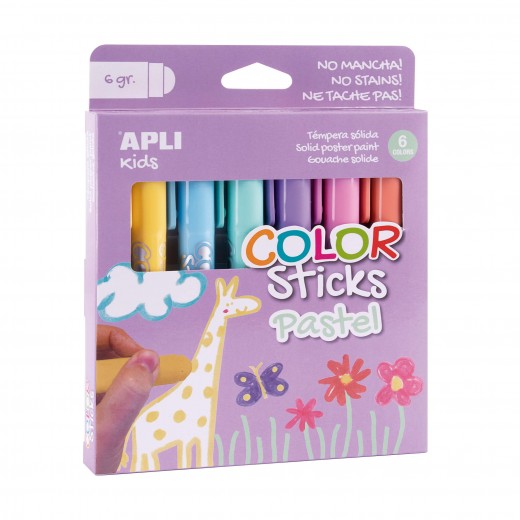 Apli Color Sticks Temperas Solidas - Pack 6 Unidades de 6g en Colores Pastel - Acabado Satinado sin Necesidad de Barniz - Secad