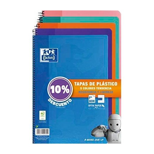 Oxford Classic Pack de 5 Cuadernos Espiral Formato Folio Cuadriculado 4x4mm - 80 Hojas - Tapa de Plastico - Colores Tendencia S