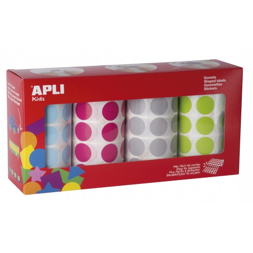 Apli Gomets Redondos Ø 20mm - Colores Surtidos - Adhesivo Permanente - 4 Rollos - 7080 Gomets - Desarrollo Psicomotriz - Norma