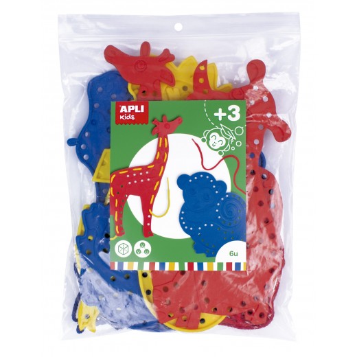 Apli Juego de Cosedores Animales - Formato Maxi - 6 Animales de Plastico con Agujeros - 18 Cuerdas de Colores - Desarrolla Psic