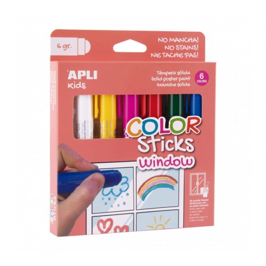 Apli Kids Color Sticks Window Pack 6 Temperas Solidas 6gr - Especiales para Dibujar y Pintar sobre Cristales - Facil Limpieza -