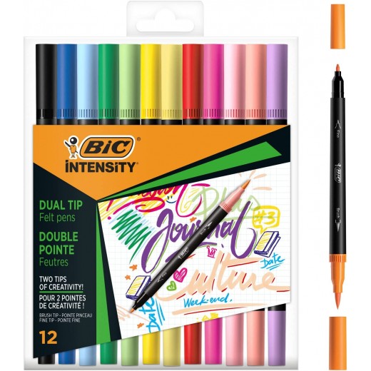 Bic Intensity Dual Tip Pack de 12 Rotuladores Doble Punta - Punta de Pincel + Punta Fina - Tinta con Base de Agua - Colores Cla