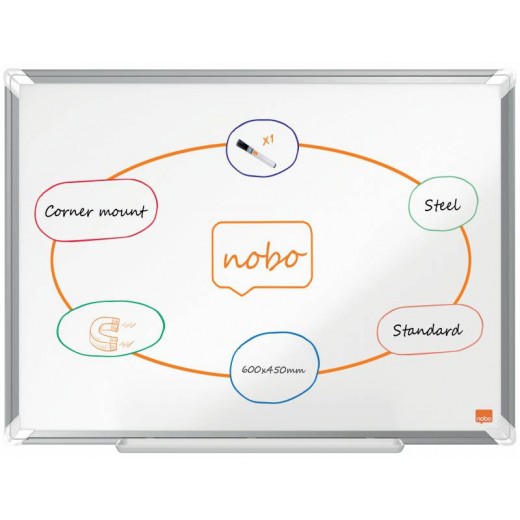 Nobo Premium Plus Pizarra Magnetica de Acero Lacado 600x450mm - Montaje en Esquinas - Superficie de Borrado Facil - Color Blanc